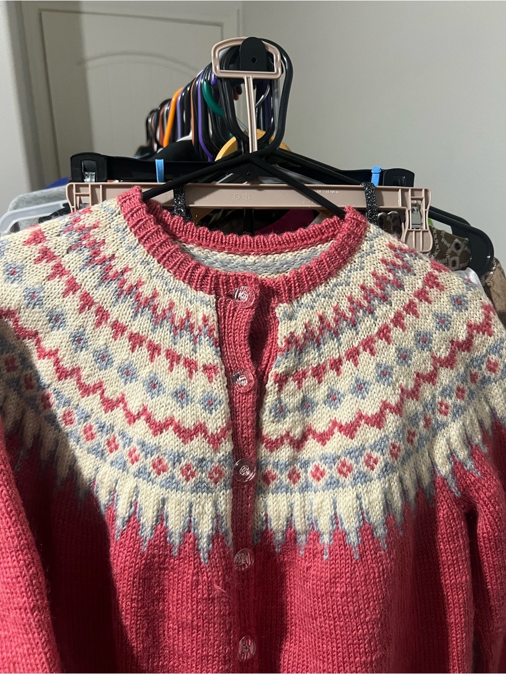 Women’s Pink Fair Isle Button-Front Cardigan Sweater - Picture 14 of 16